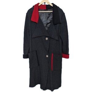 Annikki Karvinen Grey & Red Long 100% Wool Oversized Coat Handmade in Finland